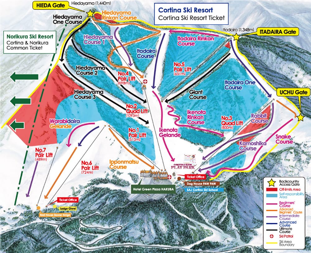 Colorful ski resort trail map with various marked runs and lifts.