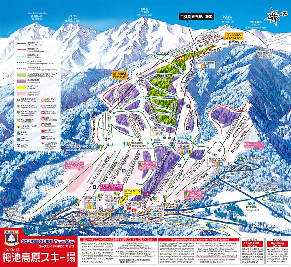 Colorful ski resort map with trails, lifts, and key landmarks against a mountain background.