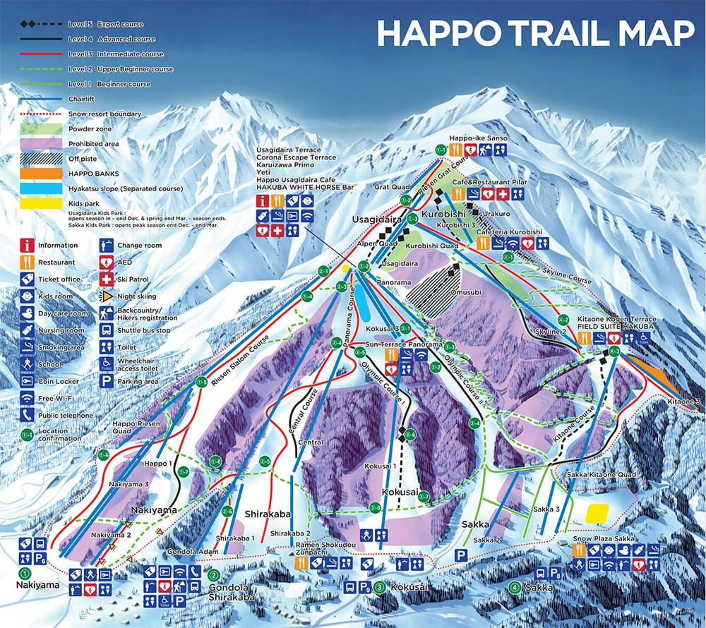 Illustrated ski resort trail map with routes and lifts over mountain terrain.