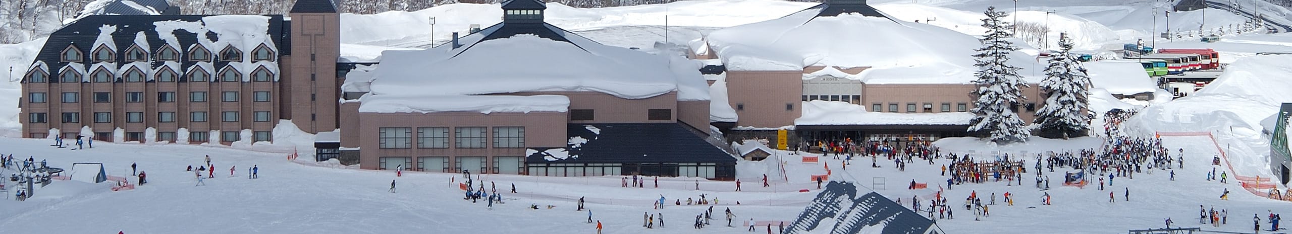 a ski resort in the mountains covered in snow.